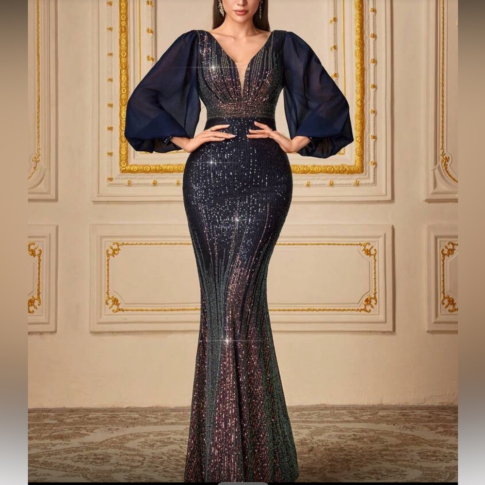 Luxe lantern sleeve sequins party formal evening prom maxi dress